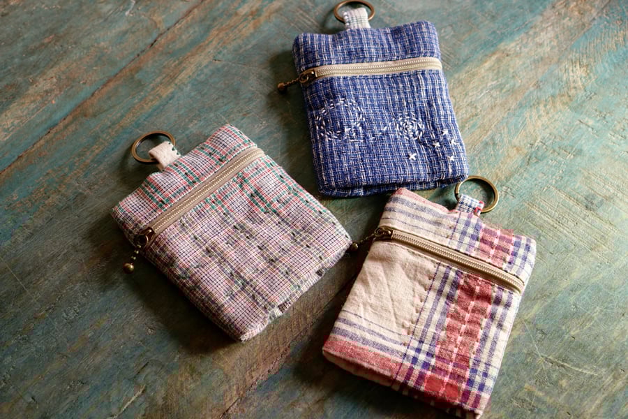 Small Coin Purse with Key Ring – Vintage Fabric Zipper Pouch Key Chain 