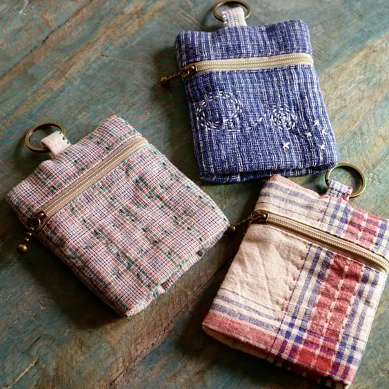 Small Coin Purse with Key Ring – Vintage Fabric Zipper Pouch Key Chain 