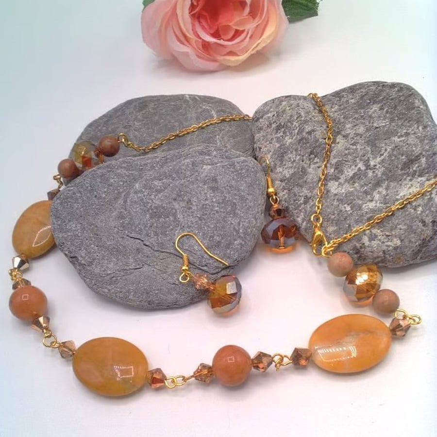 Honey Jade Bead and Gold Crystal Necklace and Earrings Set, Gift for Her