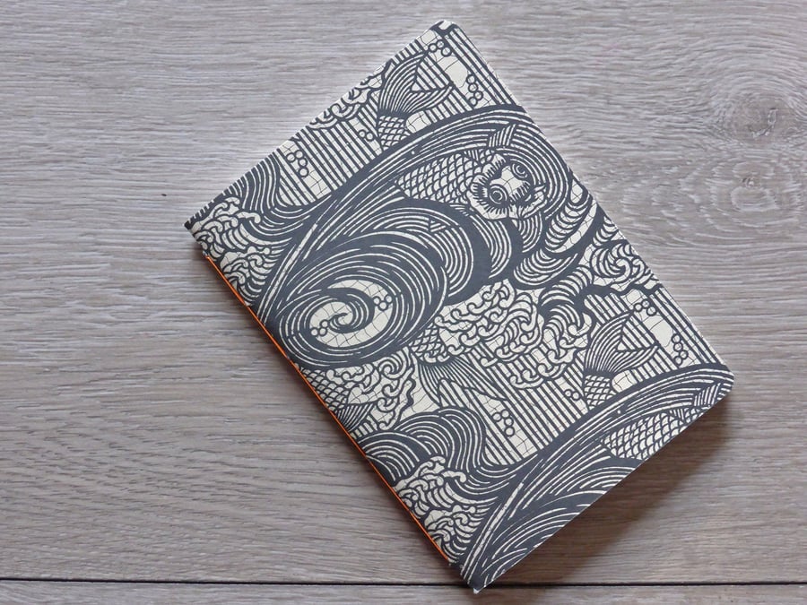 Handmade A6 notebook with a black Japanese fish pattern cover
