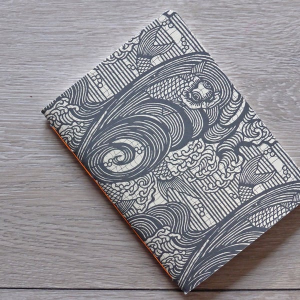 Handmade A6 notebook with a black Japanese fish pattern cover