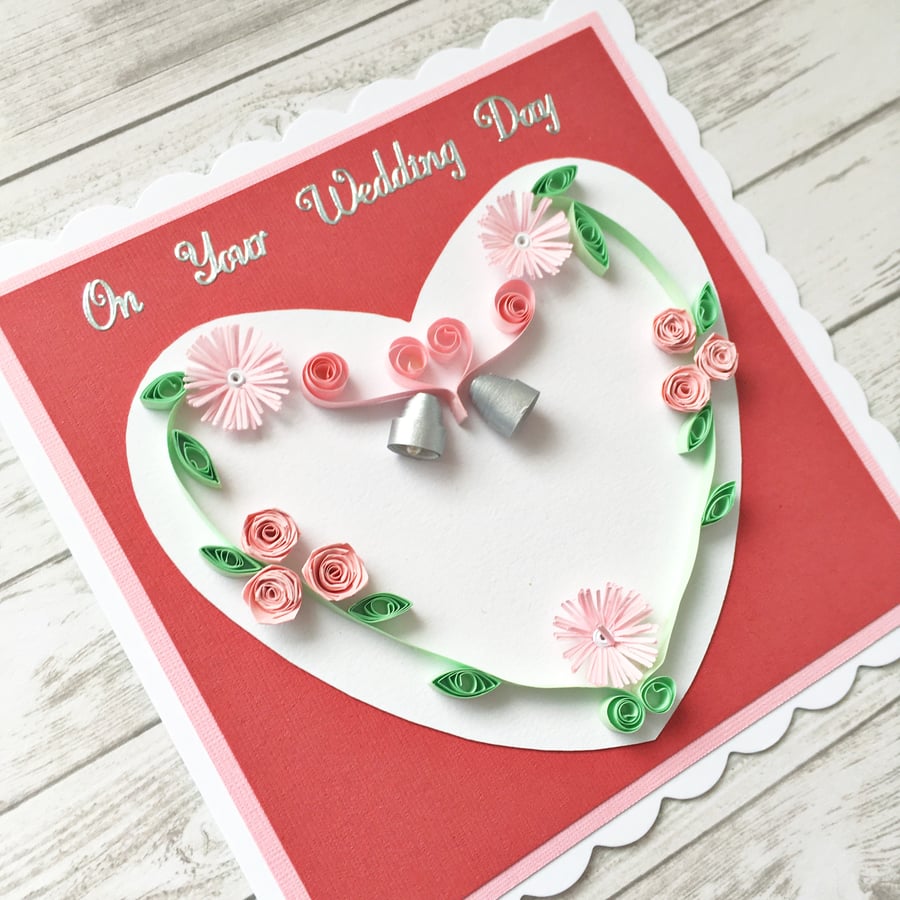 Wedding day card - pink quilled roses - personalised