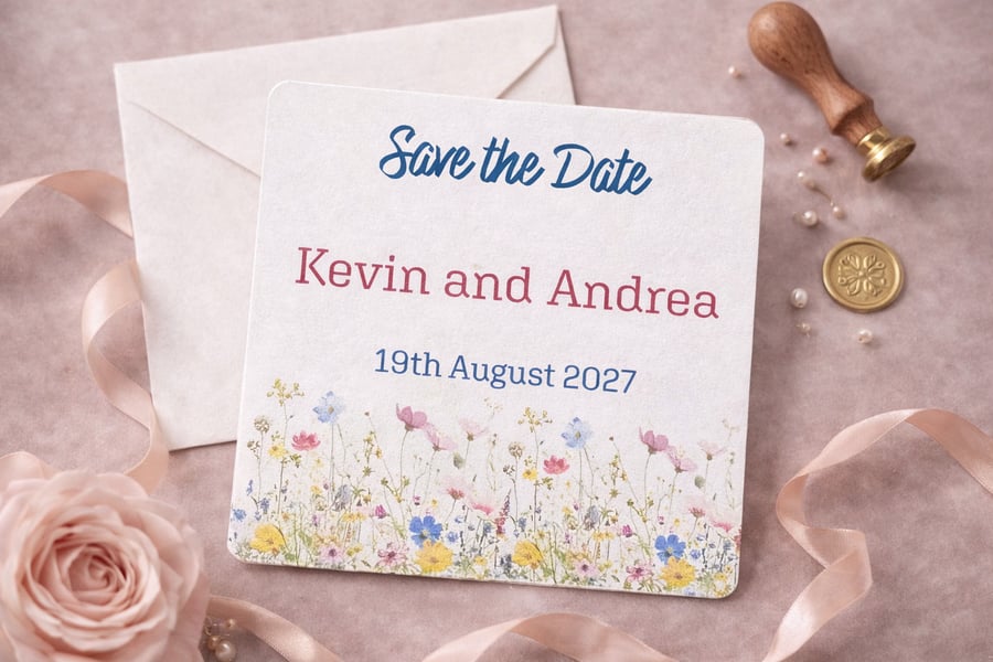 Wildflower Meadow Save the Date Card with Handmade Envelopes