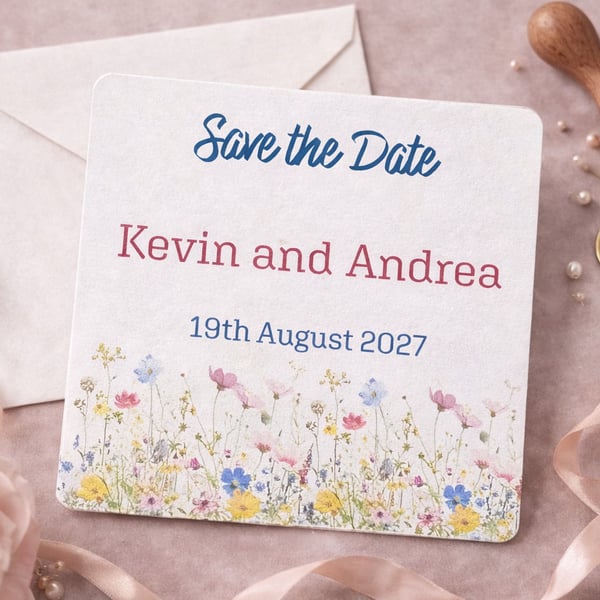 Wildflower Meadow Save the Date Card with Handmade Envelopes