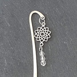 Silver-plated Bookmark with Flower Charm and Upcycled Beads