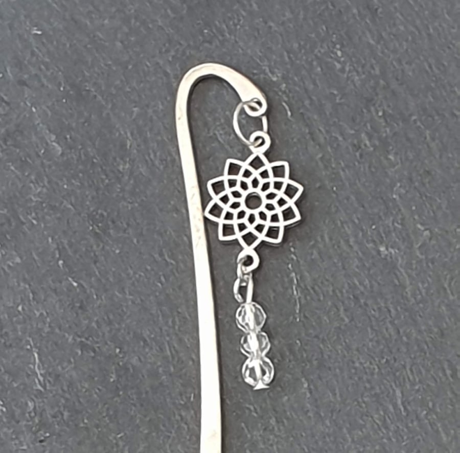 Silver-plated Bookmark with Flower Charm and Upcycled Beads