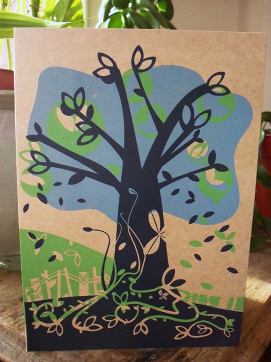 The Tree Outside - Screen printed card -blue, green on recycled card