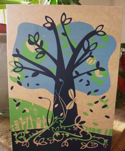 The Tree Outside - Screen printed card -blue, green on recycled card