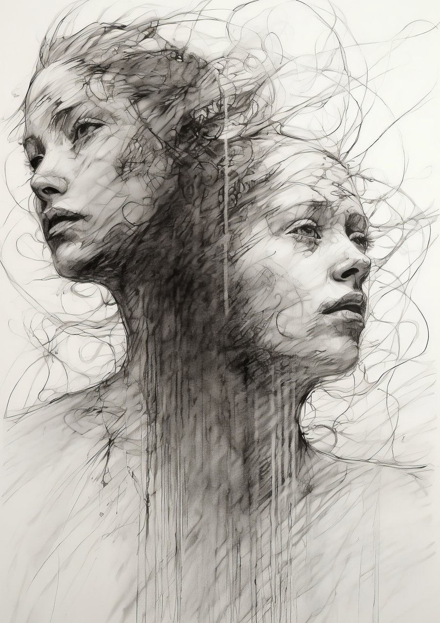 Abstract Faces Sketch Print - 5x7 Contemporary Portrait Art Decor