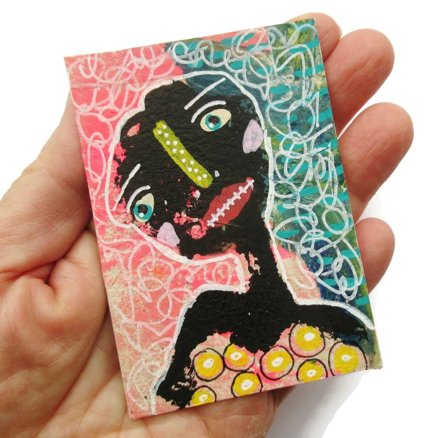 Original ACEO Painting Outsider Folk Art Miniature Weird Black Figure Portrait