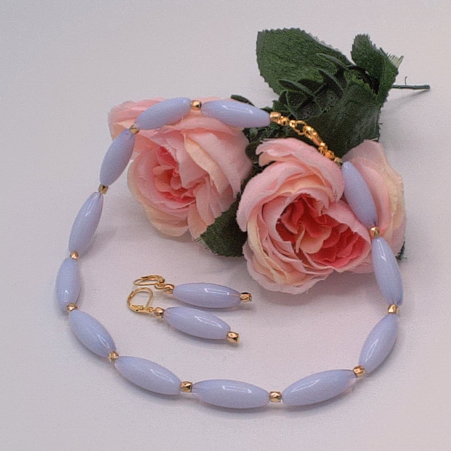 Lilac Opaline and Gold Plated Spacer Bead Necklace and Earrings, Gift for Her