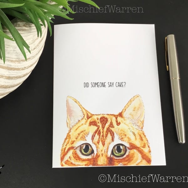 Ginger Cat Art Card. Personalised Cat Card for any occasion. 
