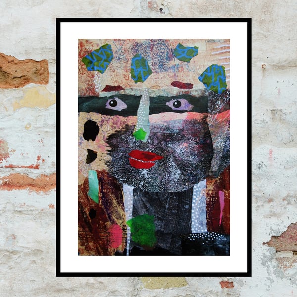 Weird Portrait Painting Outsider Art Brut Mixed Media Surreal In Collage Acrylic
