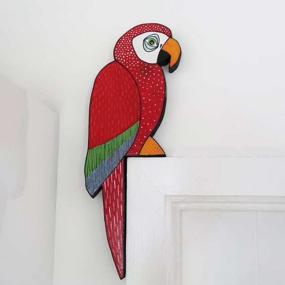 Scarlet macaw door topper, red parrot door decoration, tropical jungle decor.