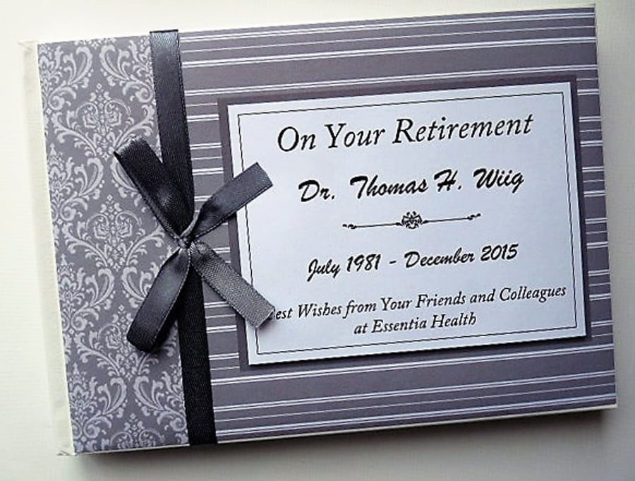 Personalised Grey Retirement Guest book, silver retirement guest book