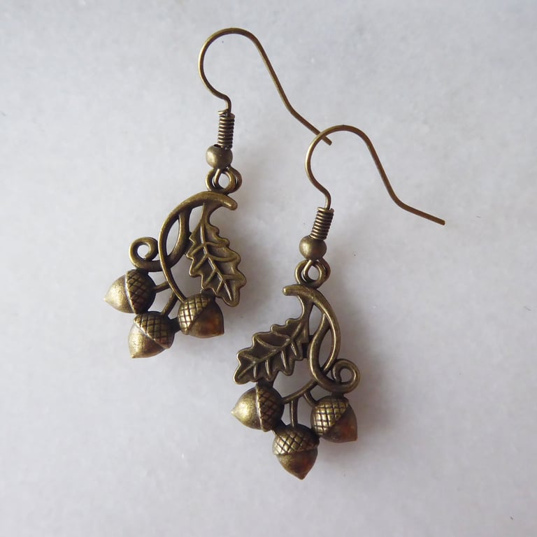 Acorns and Oak Leaf Bronze Tone Earrings