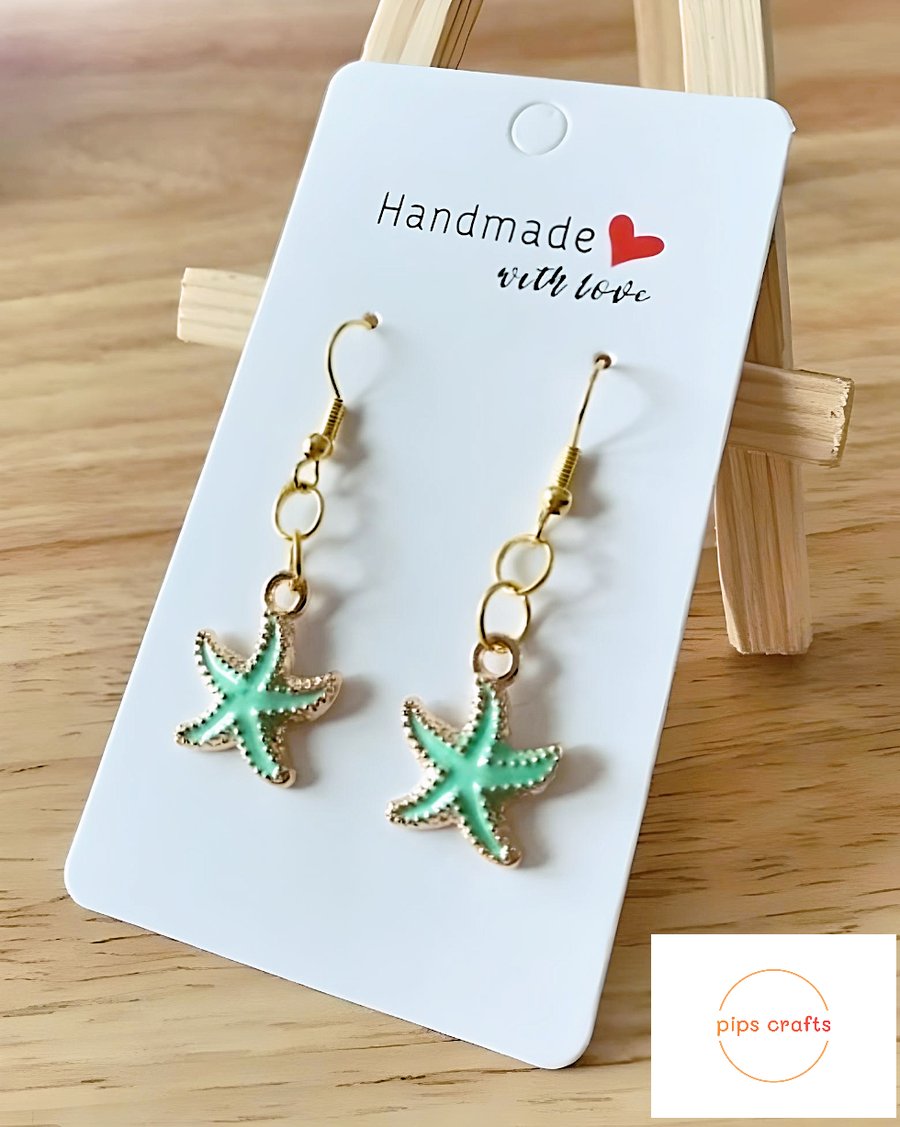 Green Enamel Starfish Earrings, Seaside, Beach, Fun Quirky Jewellery