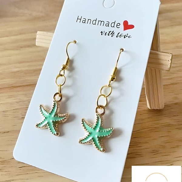 Green Enamel Starfish Earrings, Seaside, Beach, Fun Quirky Jewellery