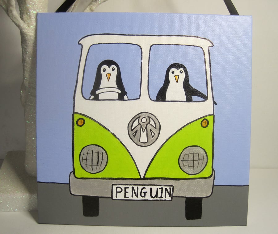 Penguin Camper Van painting original art