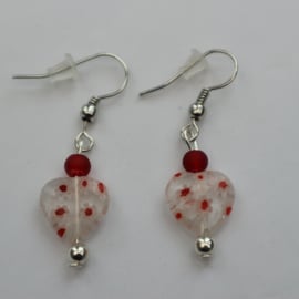 Silver plated beaded earrings- red and white millefiori heart