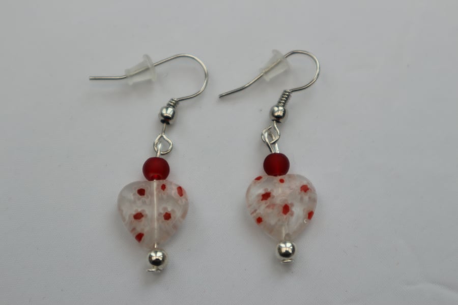 Silver plated beaded earrings- red and white millefiori heart