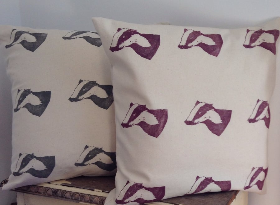 Hand printed badger cushion cover