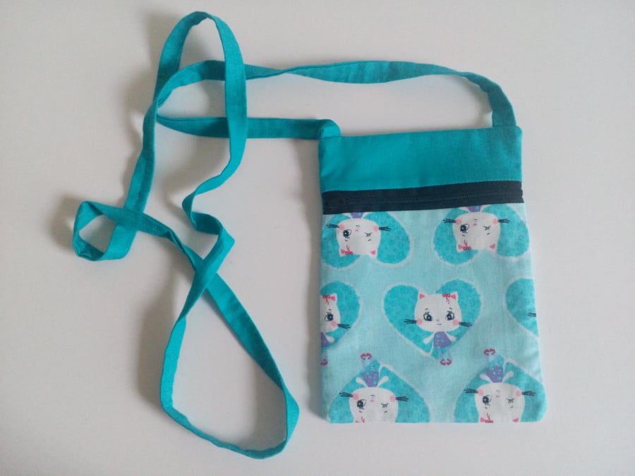 Turquoise crossbody bag, lined, cartoon cat design, white cat, hearts, bag, 