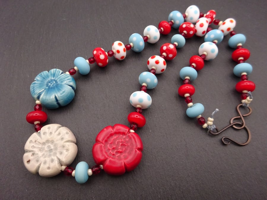 lampwork glass and ceramic flower beaded necklace
