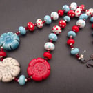 lampwork glass and ceramic flower beaded necklace