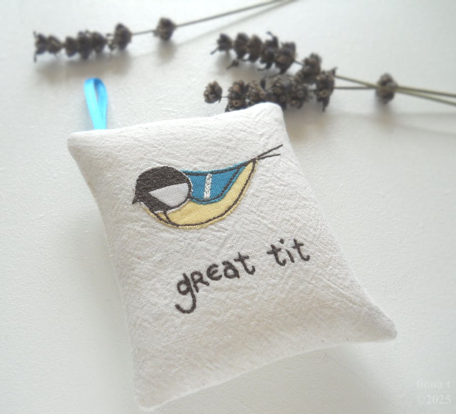 freehand embroidered lavender bag sachet hanging decoration GREAT TIT