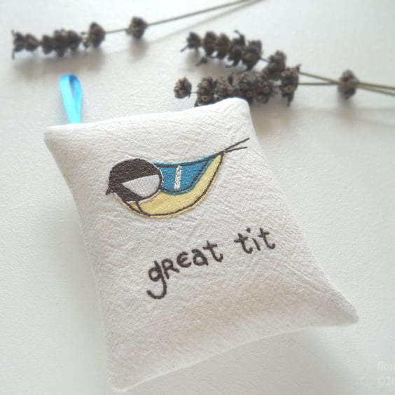 freehand embroidered lavender bag sachet hanging decoration GREAT TIT