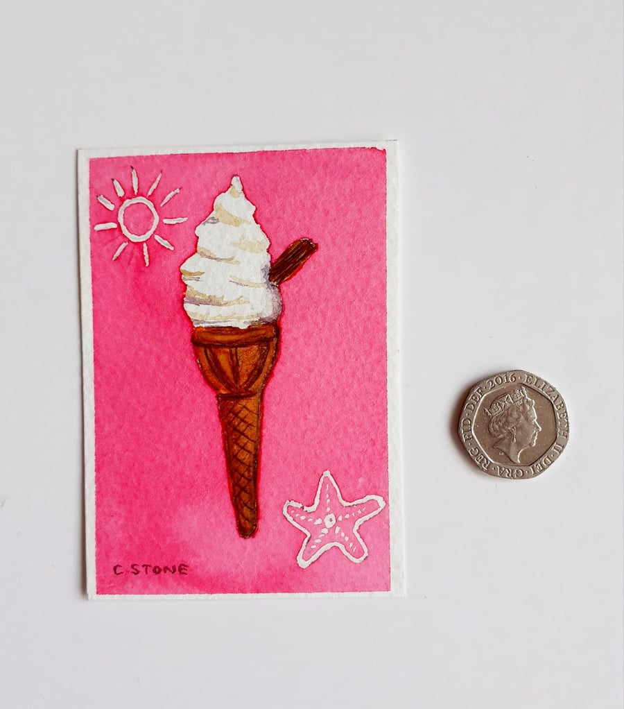 Original ACEO miniature watercolour painting Ice Cream Cone with Flake