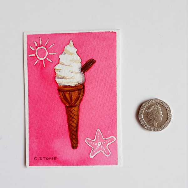 Original ACEO miniature watercolour painting Ice Cream Cone with Flake