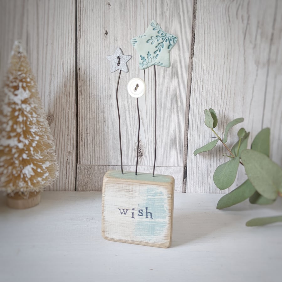  Clay Star and Buttons in a Painted Wood Block 'Wish'