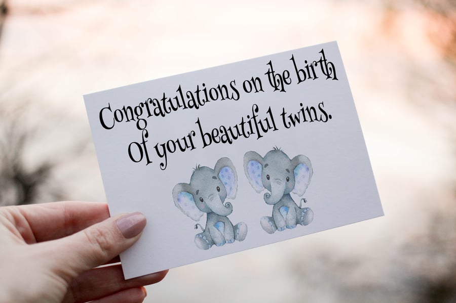 Elephant Birth Of Your Twins Card, Congratulations for Baby Twins, Twins Baby