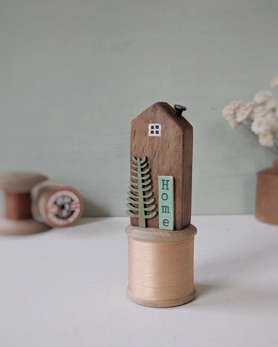 Tall Wooden House on a Vintage Bobbin 'Home' 