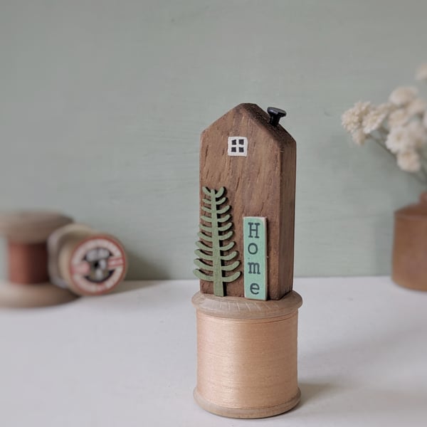 Tall Wooden House on a Vintage Bobbin 'Home' 