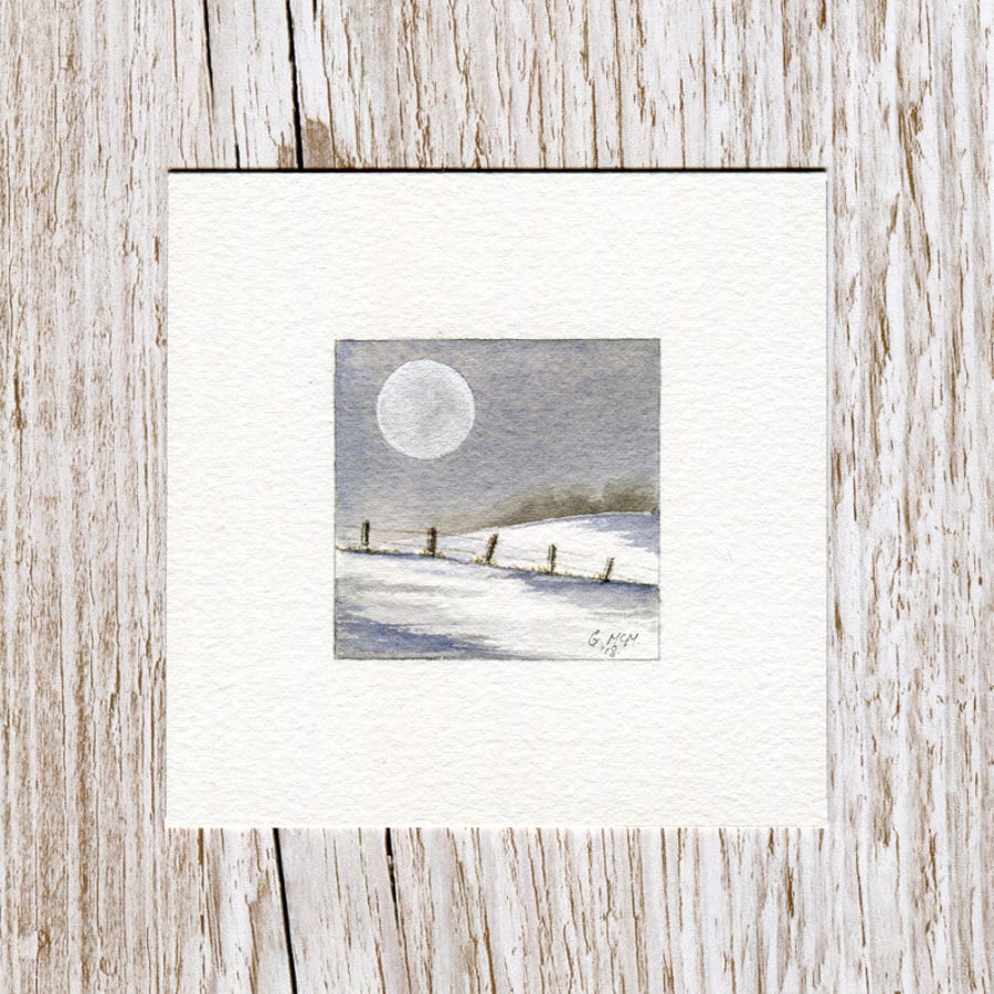 Original watercolour miniature painting of moonlit Scottish hills in the snow