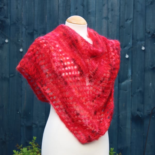 Hand knit triangular shawl in hand dyed fire red Mohair - design A2