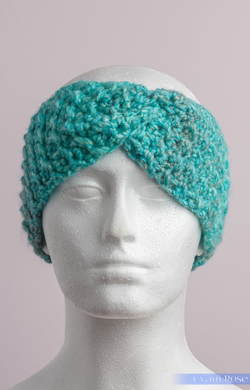  Headband Earwarmer handmade textured with front twist crocheted turquoise