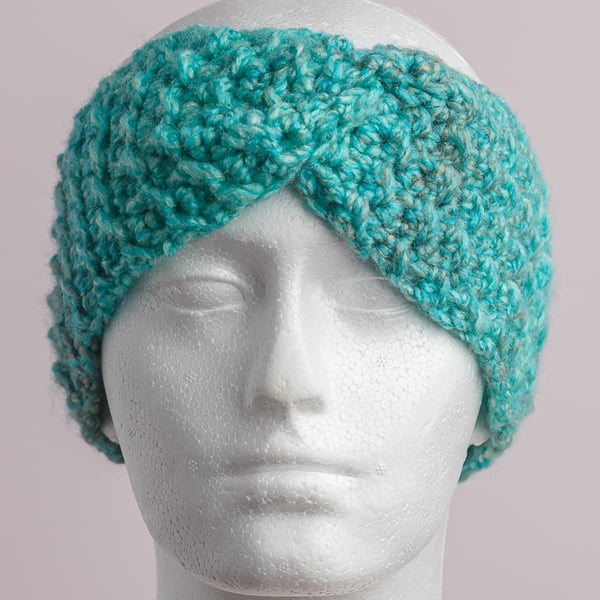  Headband Earwarmer handmade textured with front twist crocheted turquoise