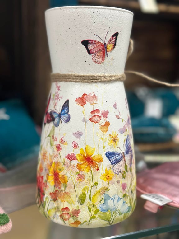 Colourful butterflies Glass vase , Decoupage vase , Home Decor , Birthday  