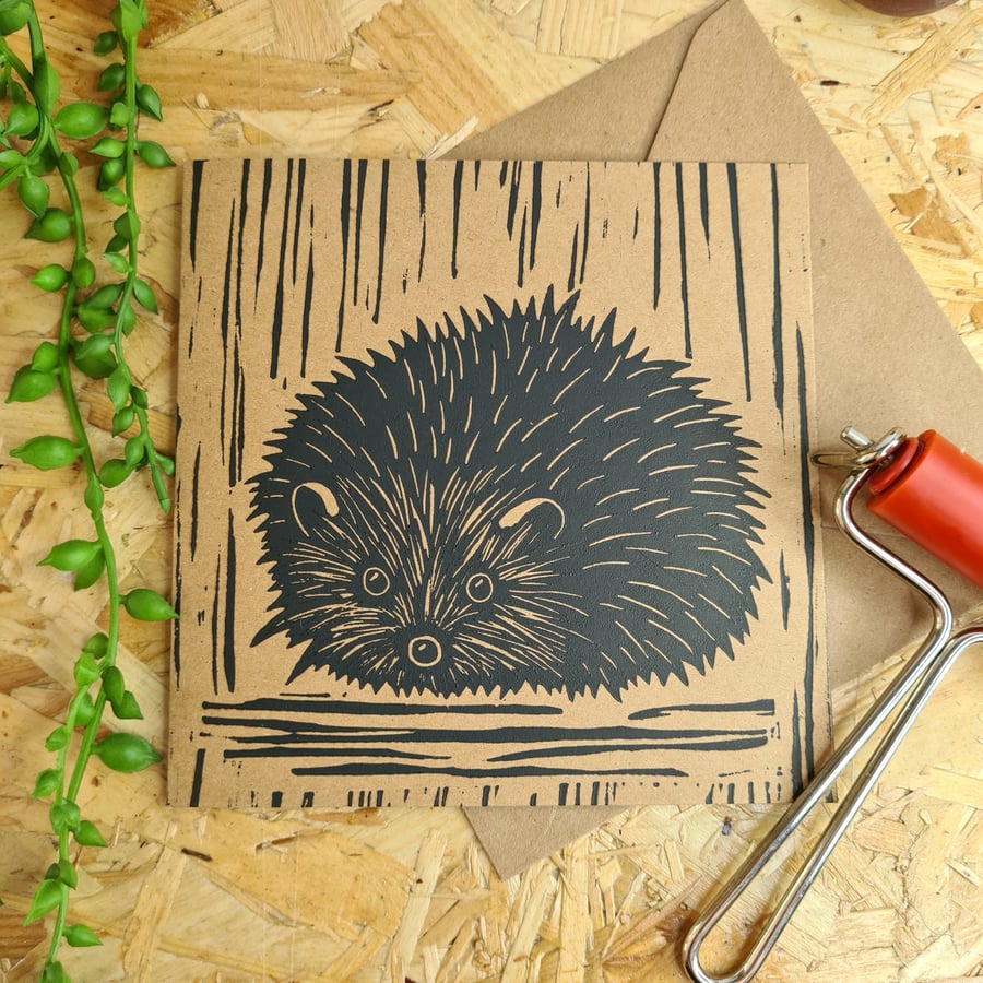 Hedgehog Handprinted lino print card 13.5cm x 13.5cm black on Kraft card
