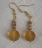 Frosted Glass Honey Bead Earrings with Flat Stone Earth Tone Top Beads 