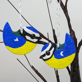 Bluetit clay bird hanging decoration, garden bird gift for a bird lover