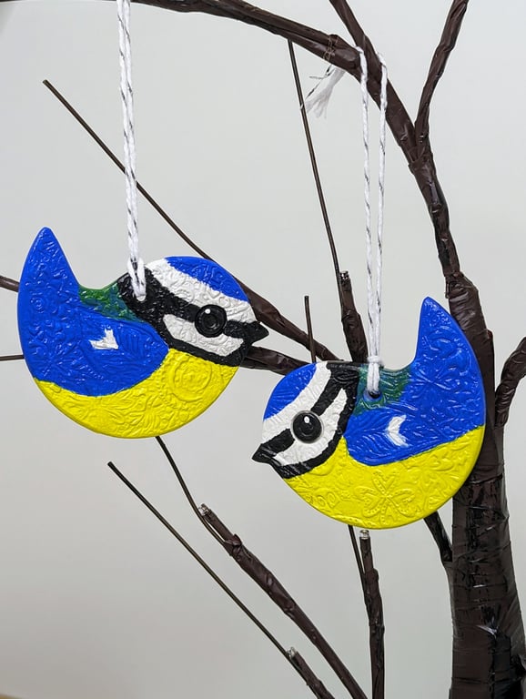 Bluetit clay bird hanging decoration, garden bird gift for a bird lover