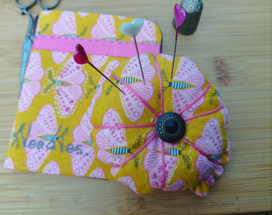 Sewing needlecase and wrist pin cushion with hand stitched detail eco