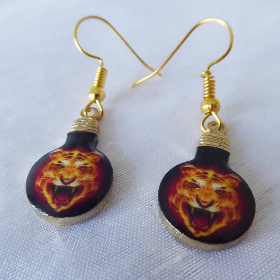 Whimsical Tiger with Gold Plated Earrings. 