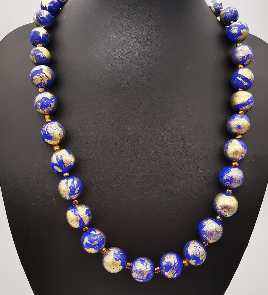 Stylish Blue and Gold Chunky Beaded Necklace, Handmade, Polymer Clay.