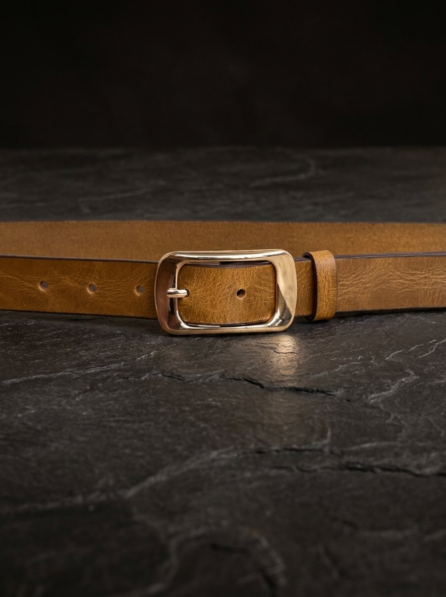 Vintage Mustard Full Grain Belt Gold-Tone Rectangular Buckle Womens 25mm